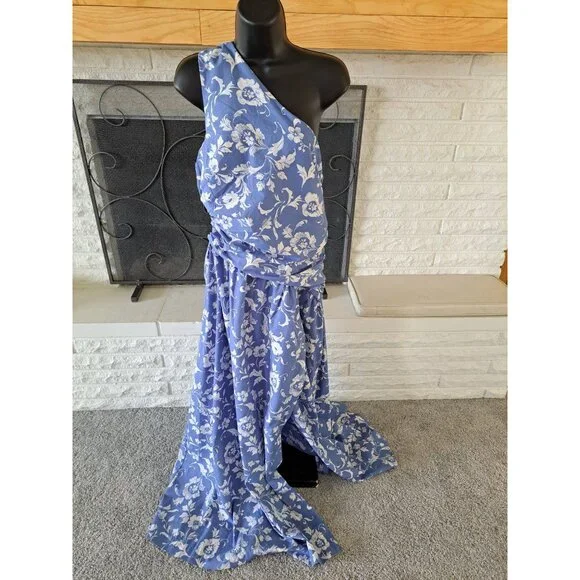New Abercrombie & Fitch Large Women's One-Shoulder White Blue Floral Maxi Dress - Picture 2 of 13